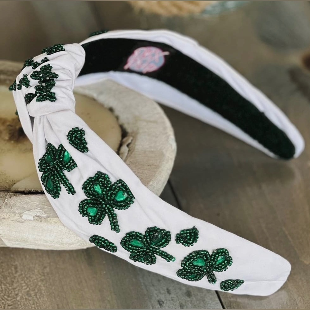 Shamrock St. Patrick's Day Seed Beaded Hearts Top
Knot White Headband